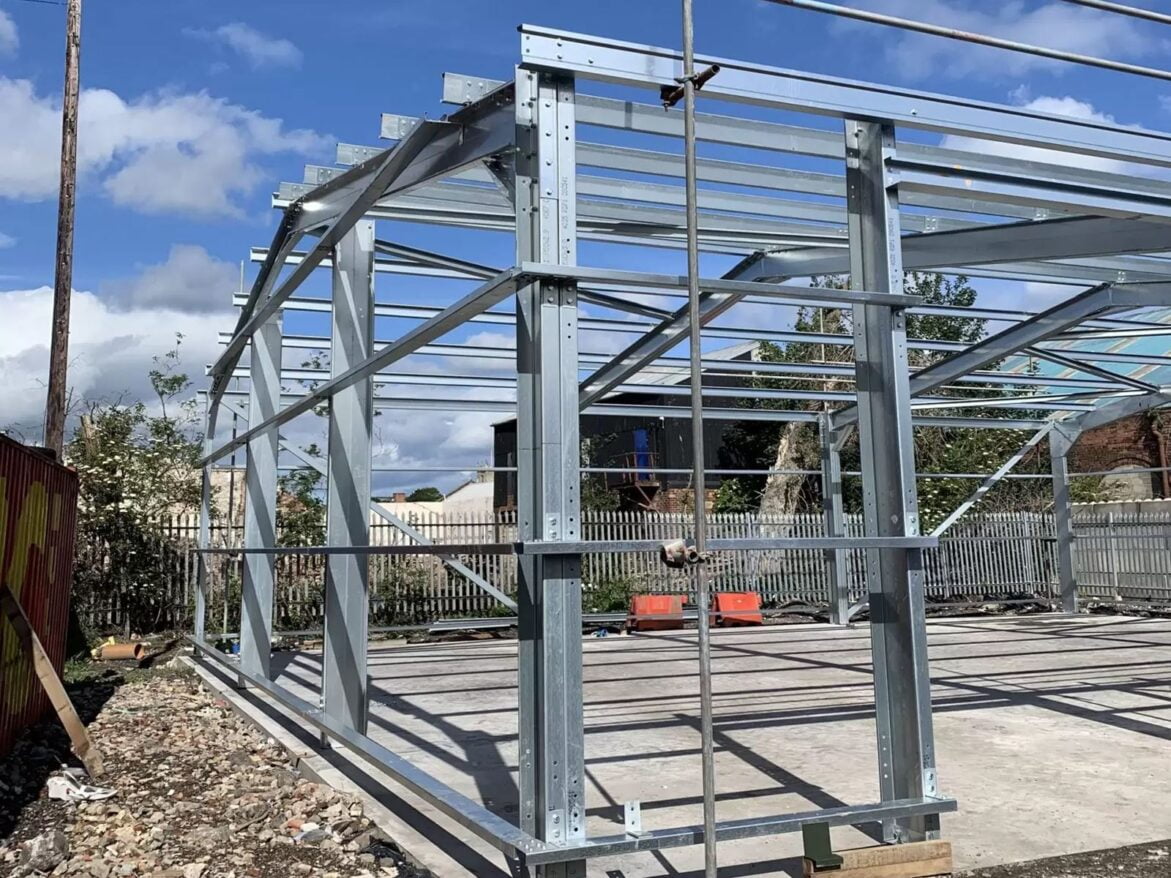 A steel structure during the construction process.