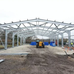 Steel framework for an agricultural steel building.