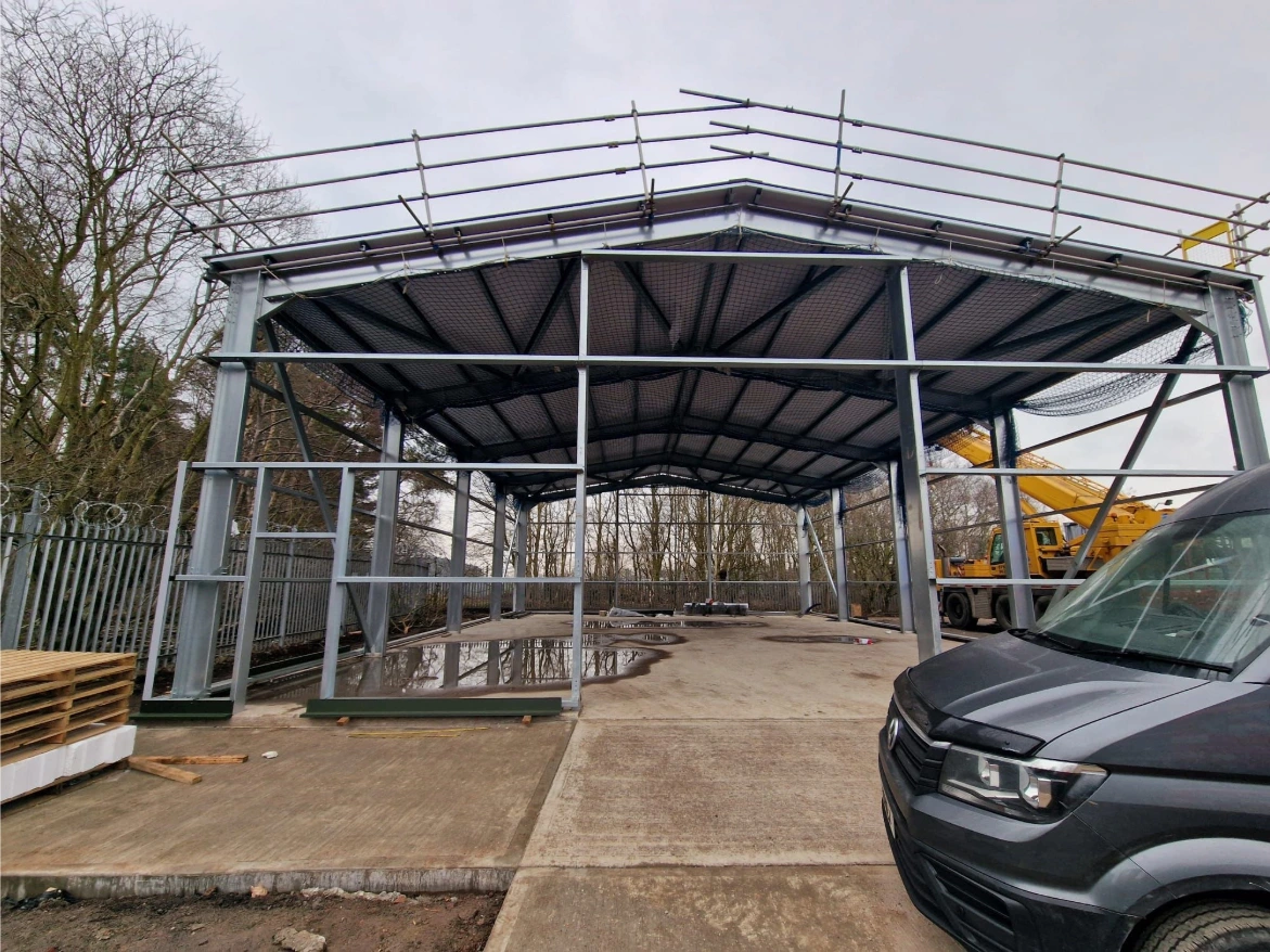 A large steel frame structure for a building.