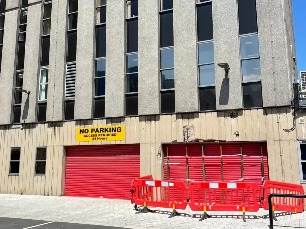Red roller shutter doors fitted to Darlington Town Hall