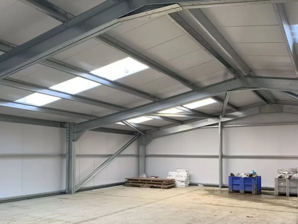 Interior roof structure with skylights at Durham Animal Feeds