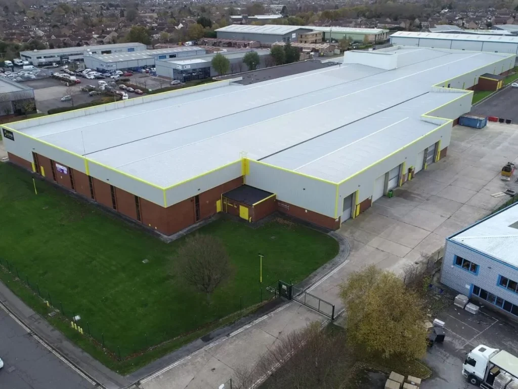 Aerial view of the completed steel building for Goldfish Properties Ltd
