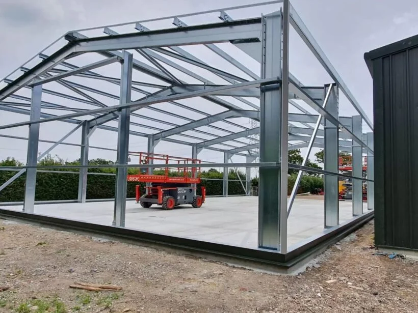 Galvanised steel portal frame erected on the concrete slab at Lewhurst Farm