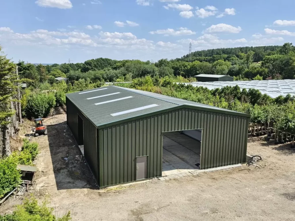 Aerial view of the completed green clad steel building with roof lights at Paramount Plants nursery