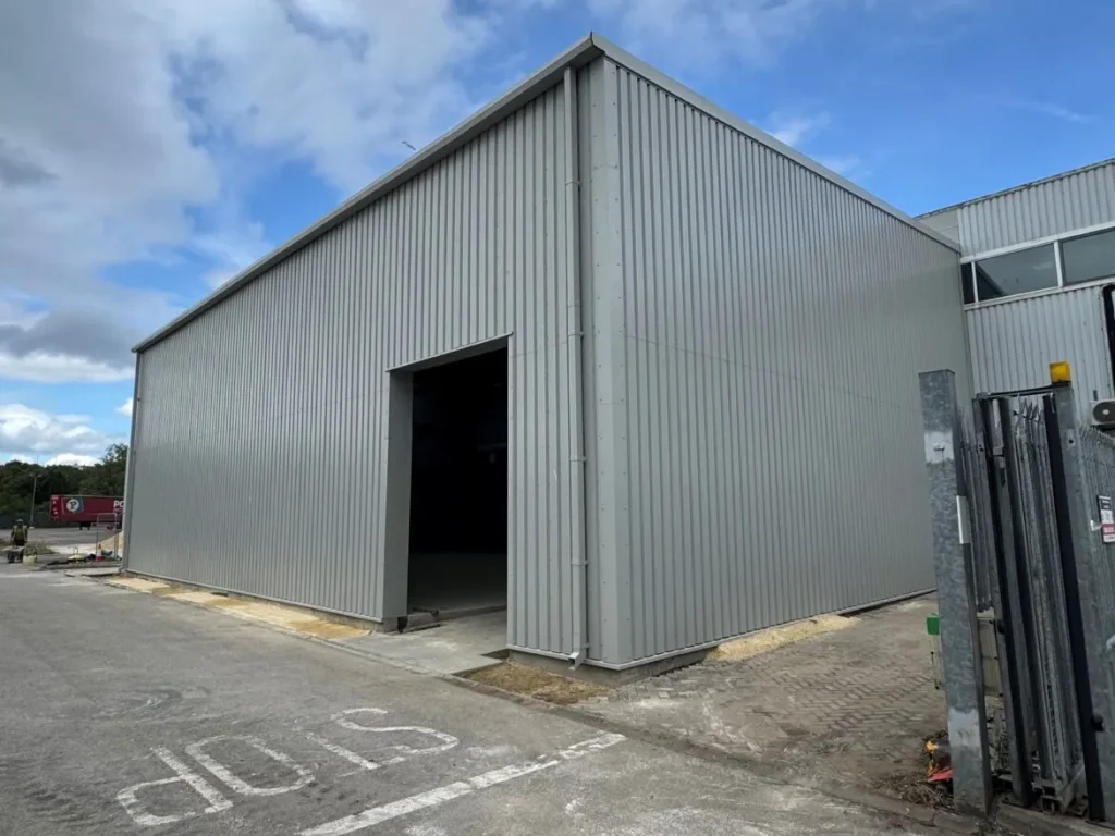 Exterior of the completed grey clad steel building for Shalam Thermoforming (UK) Limited