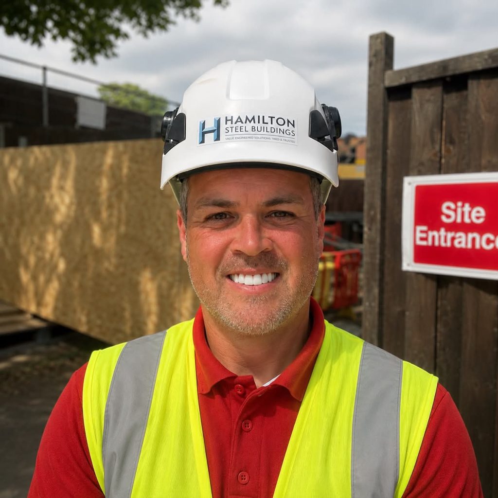 Hamilton Steel Buildings team member in branded hard hat and hi-vis vest at a site entrance