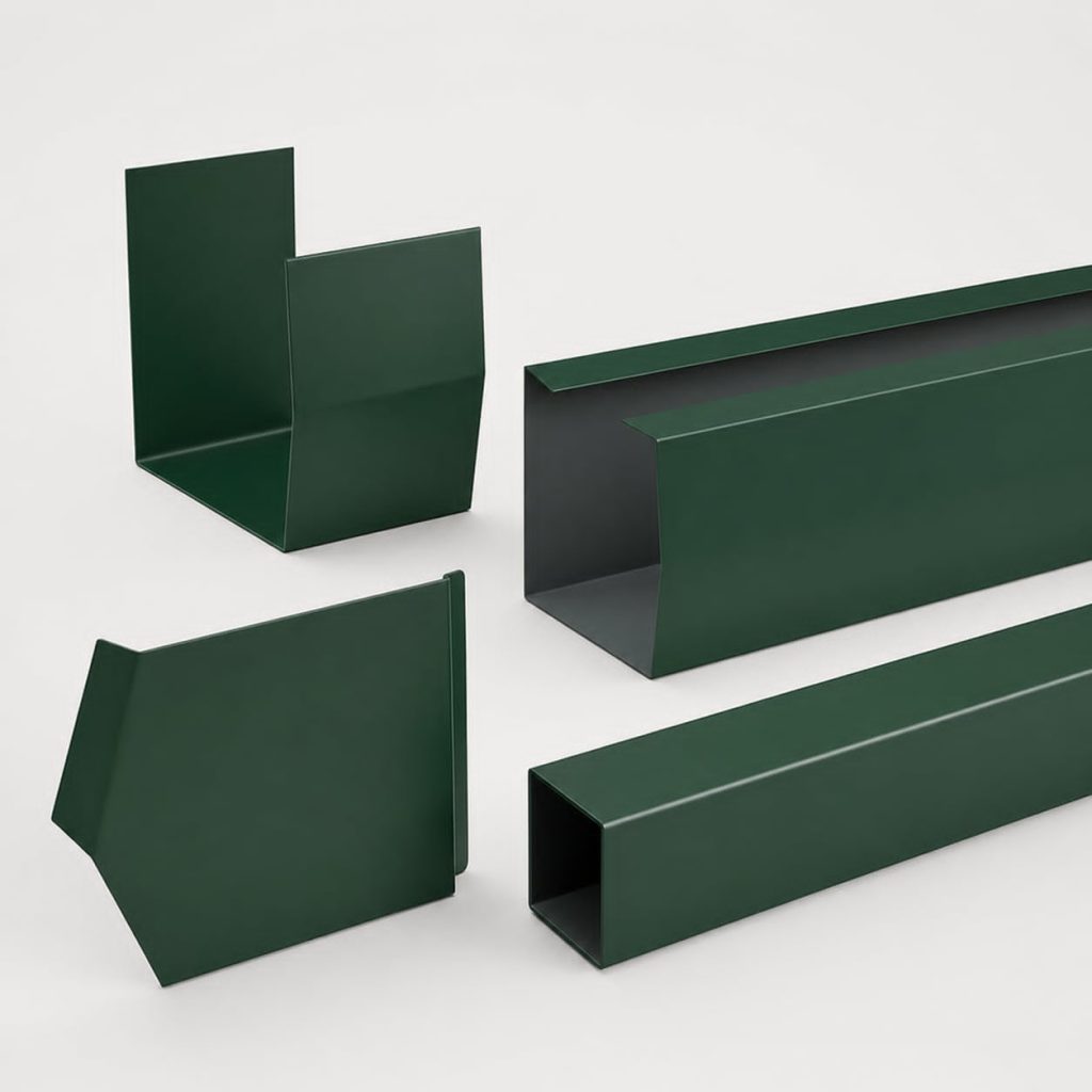 Green steel guttering, outlets and downpipe sections for a steel building