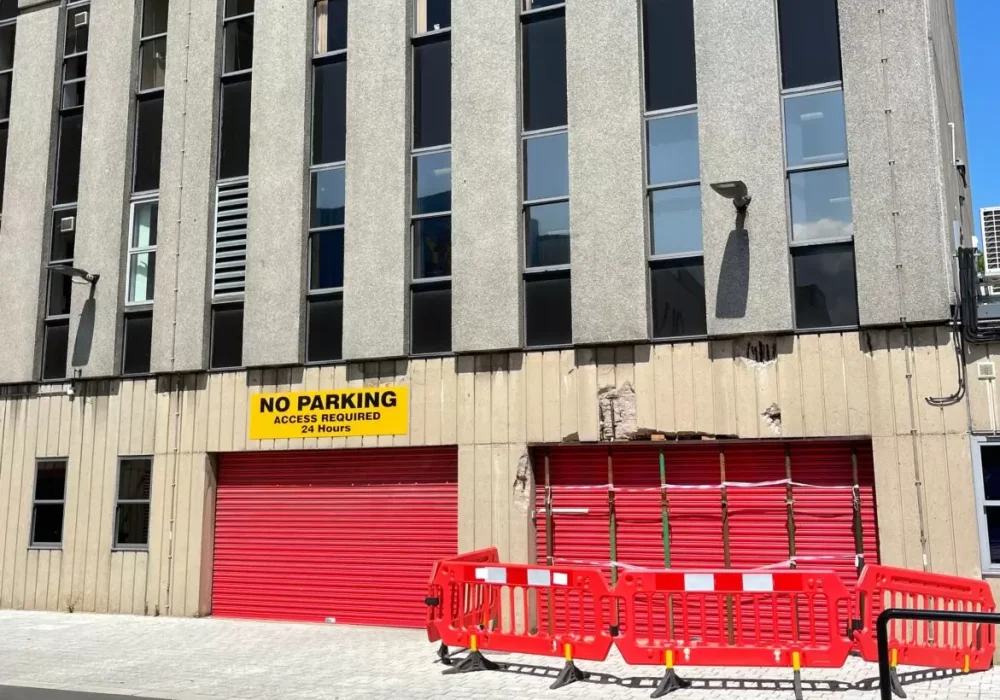 Red roller shutter doors fitted to Darlington Town Hall
