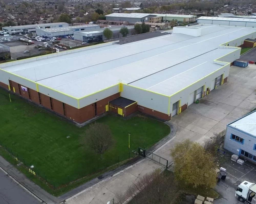 Aerial view of the completed steel building for Goldfish Properties Ltd