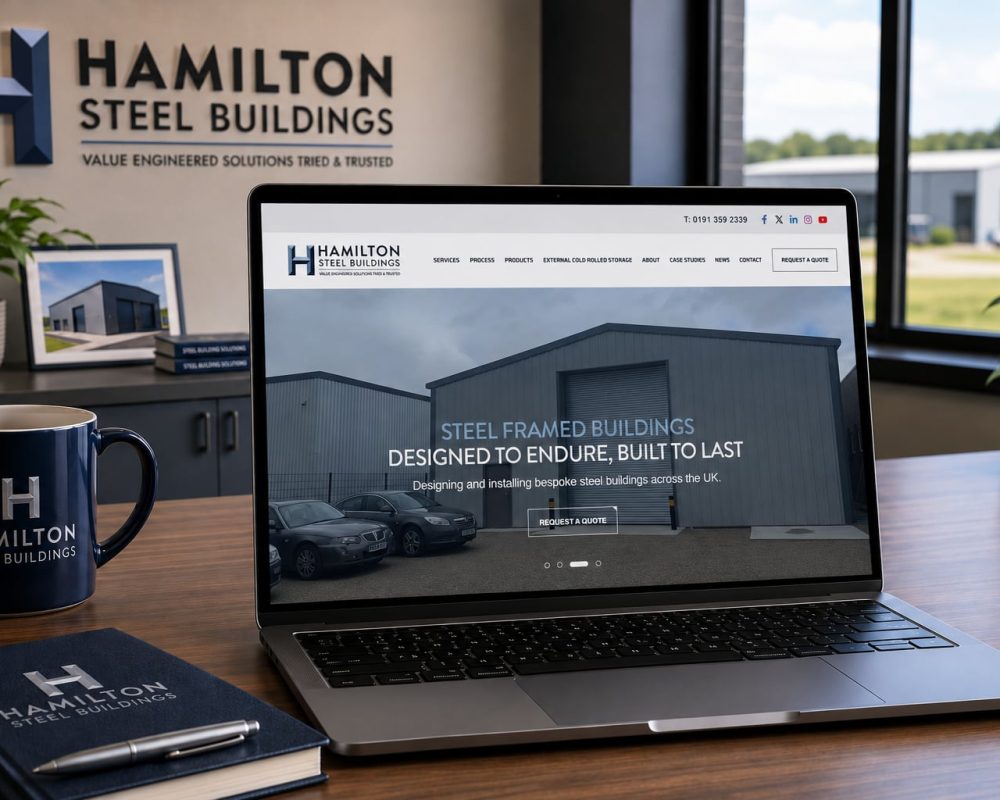 Hamilton Steel Buildings website displayed on a laptop alongside branded mug and notebook in the office