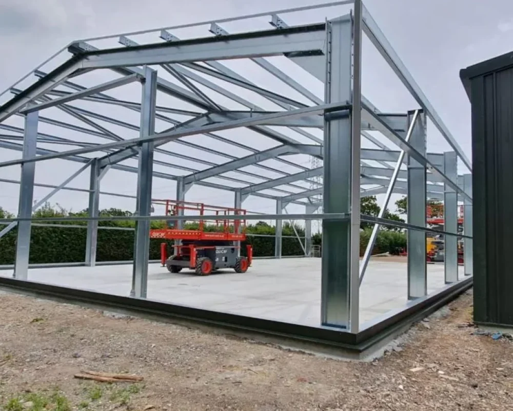 Galvanised steel portal frame erected on the concrete slab at Lewhurst Farm