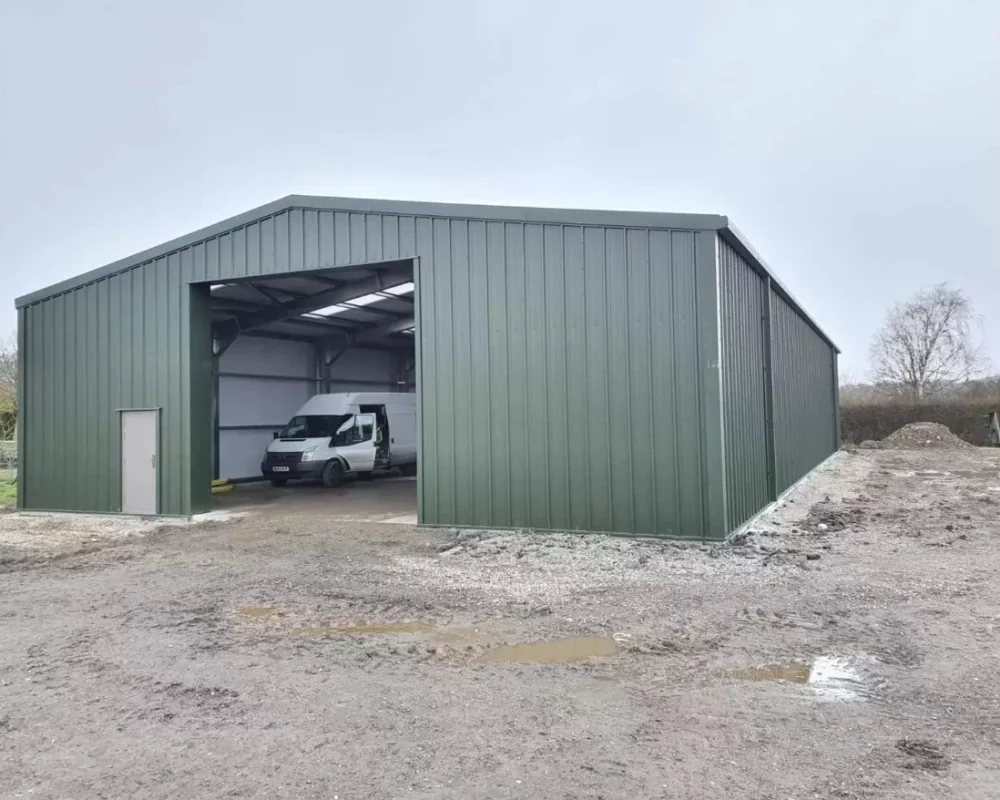 Green agricultural steel building at Lewhurst Farm