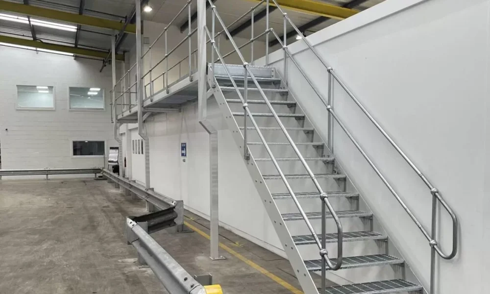 Galvanised steel staircase and mezzanine access platform installed at the Milk and More depot