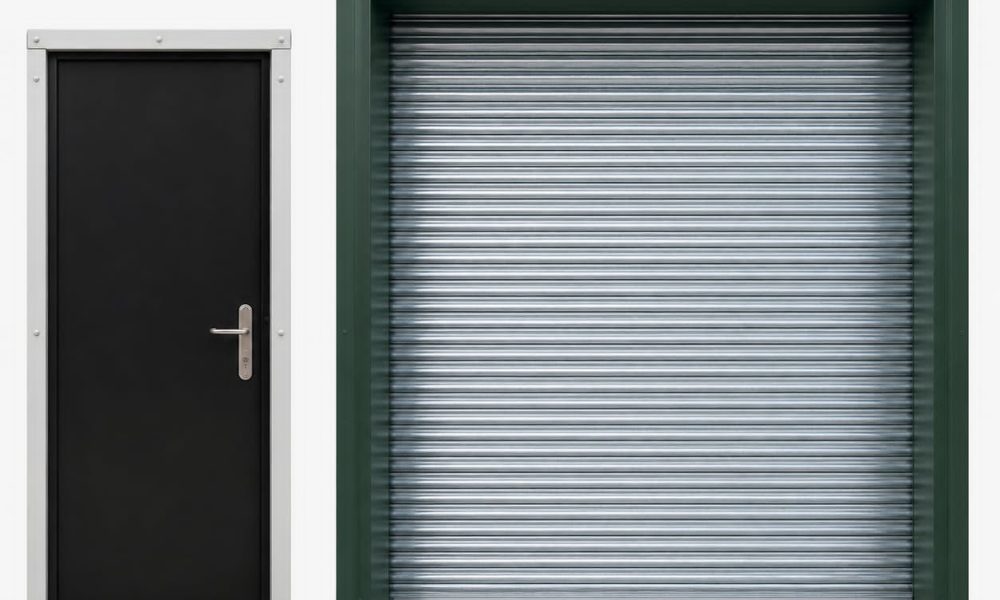 Black personnel access door beside a green-framed roller shutter door