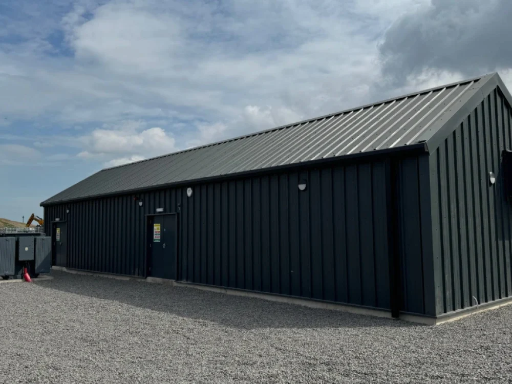 Completed dark green-clad substation building for SeAH Wind