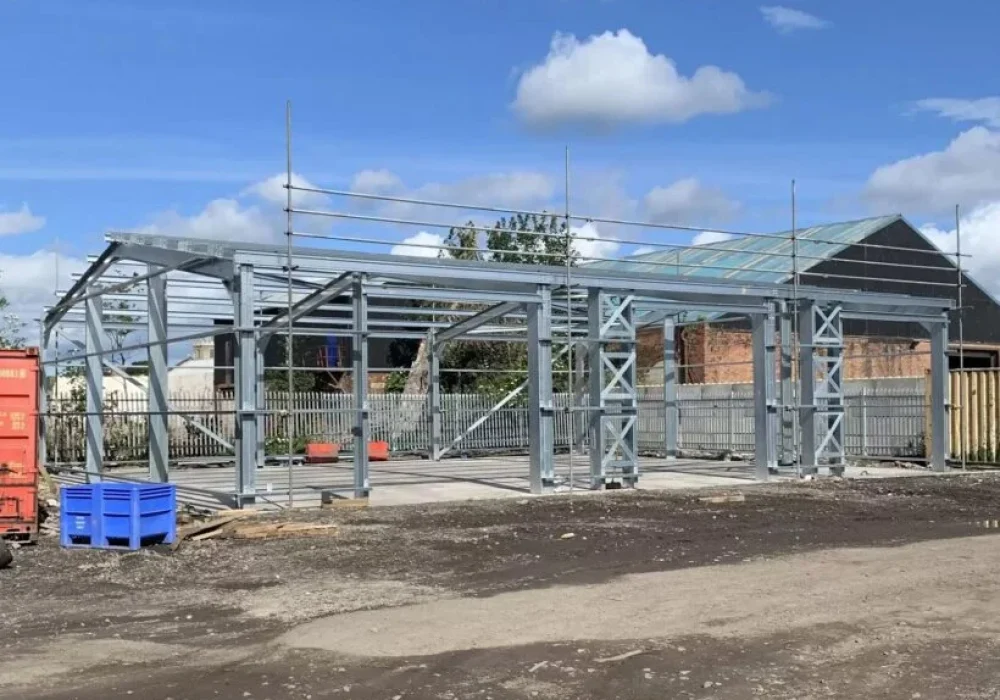 Steel portal frame under construction on a Hamilton Steel building project