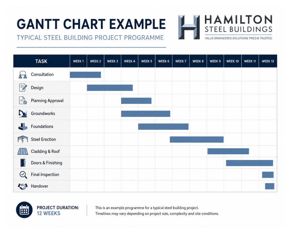 Gantt chart example showing a typical 12-week steel building project programme