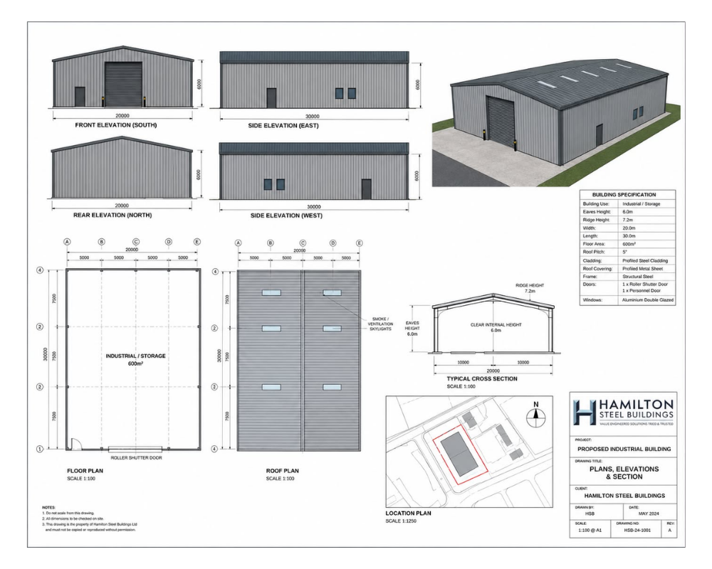 Example technical drawing showing elevations, floor plan and cross section for a steel industrial building
