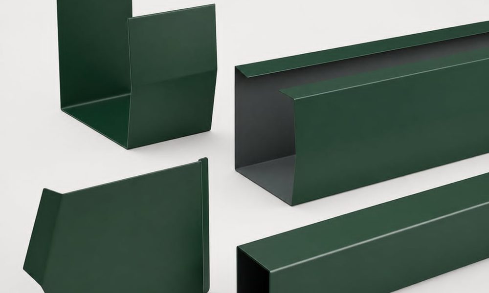 Green steel guttering, outlets and downpipe sections for a steel building