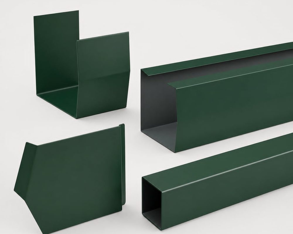 Green steel guttering, outlets and downpipe sections for a steel building