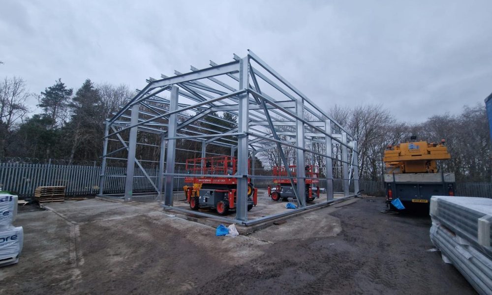 Galvanised steel portal frame under construction on a Hamilton Steel building project