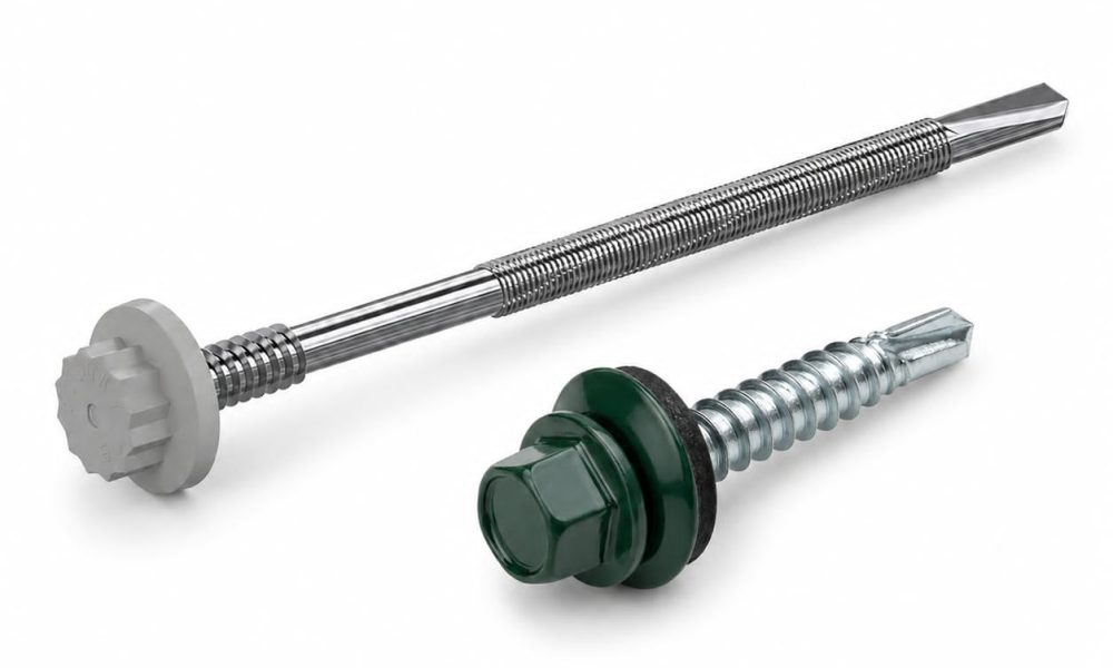 TEK self-drilling roofing screws with grey and green colour-matched washers